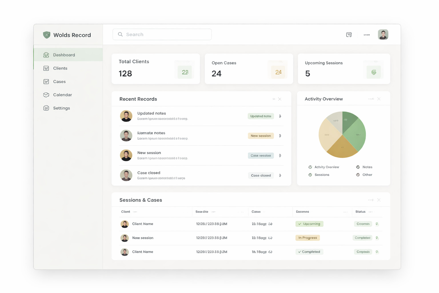 Wolds Record dashboard preview showing clients, cases, and session activity